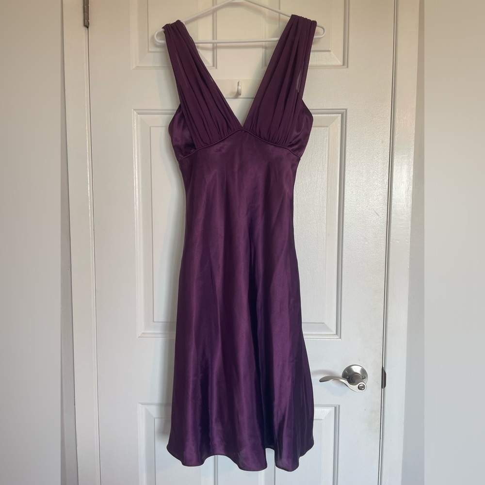 Women’s silky satin formal dress with lace - Purple - size small